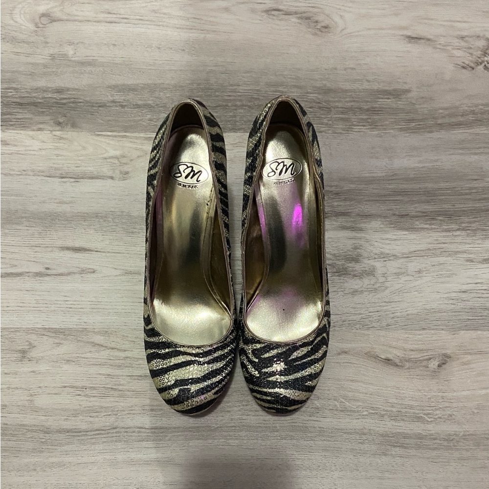 Steve Madden Gold and Black Zebra Sequin Heels